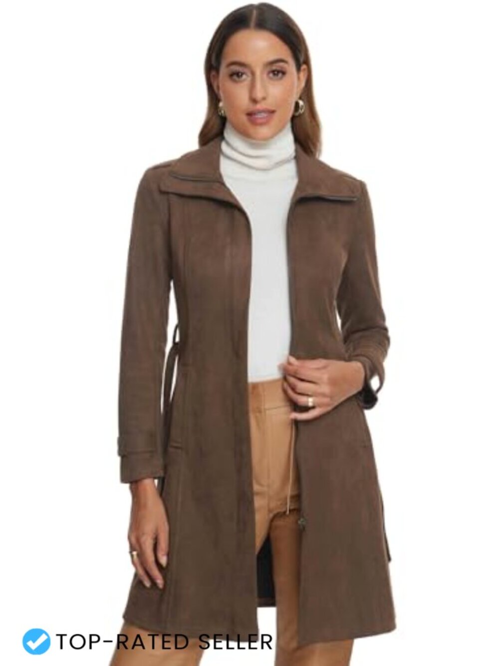 Faux Suede Trench Coat Belted Zipper Long Overcoat Cuff Sleeve Fall